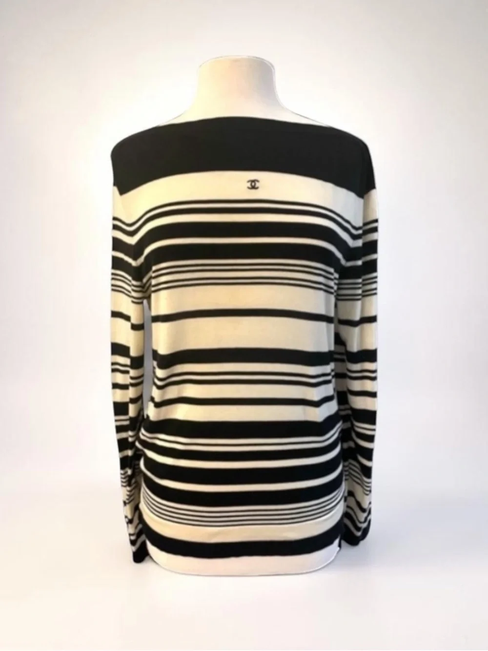 Chanel Classic VTG Black Ivory Stripe COTTON Sweater Size EU 44